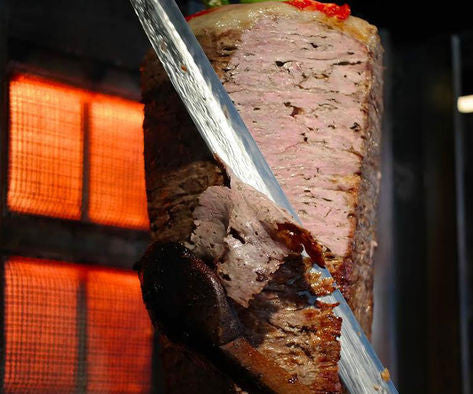 Gas Dönergrill mit Motor oben / Gyrosgrill 4 Brenner Beweglich / max. 50 kg