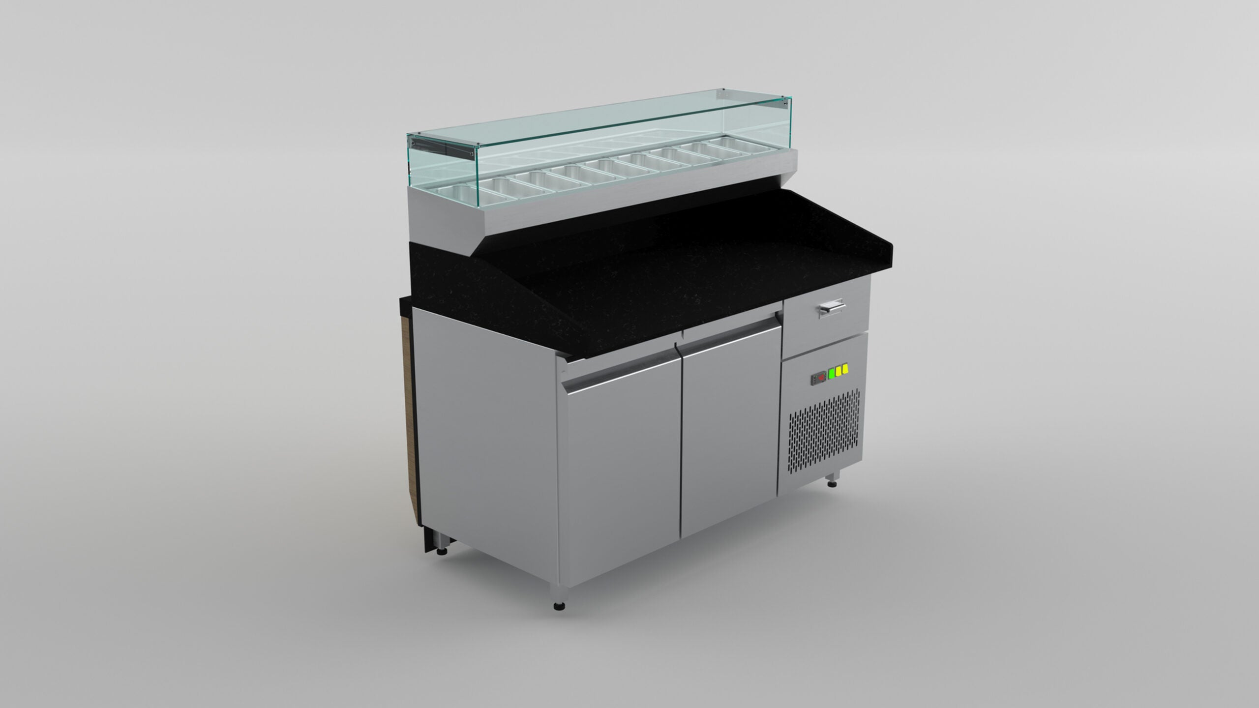 Pizzatisch Holzfront / Schwarzer Granit mit Glasaufsatz / 2 Türen / 150 cm